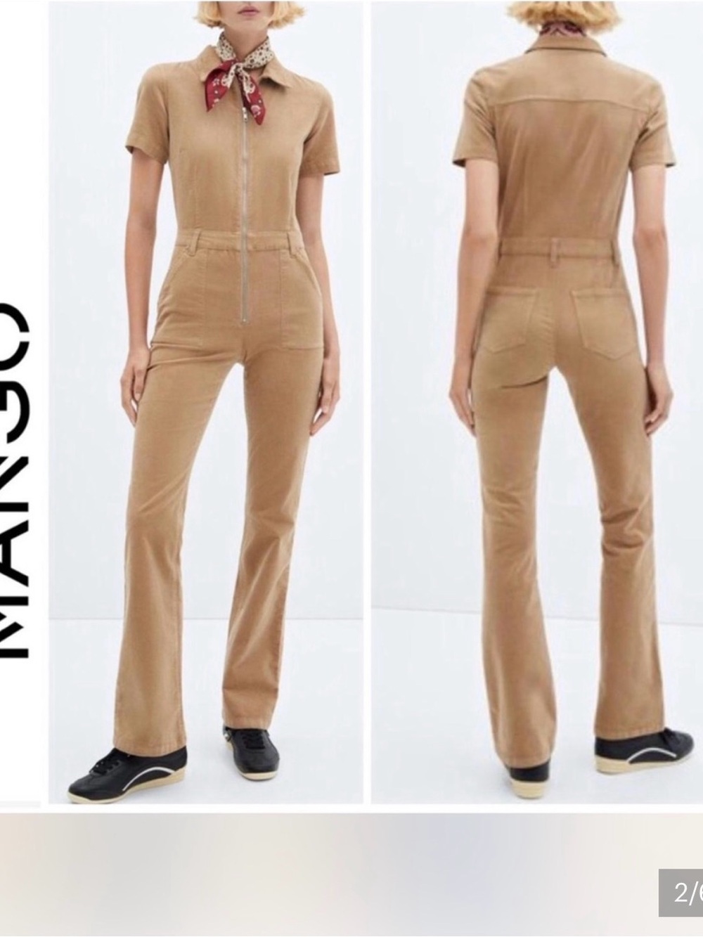 Mango Tan Corduroy Short-Sleeve Utility Jumpsuit size -XS